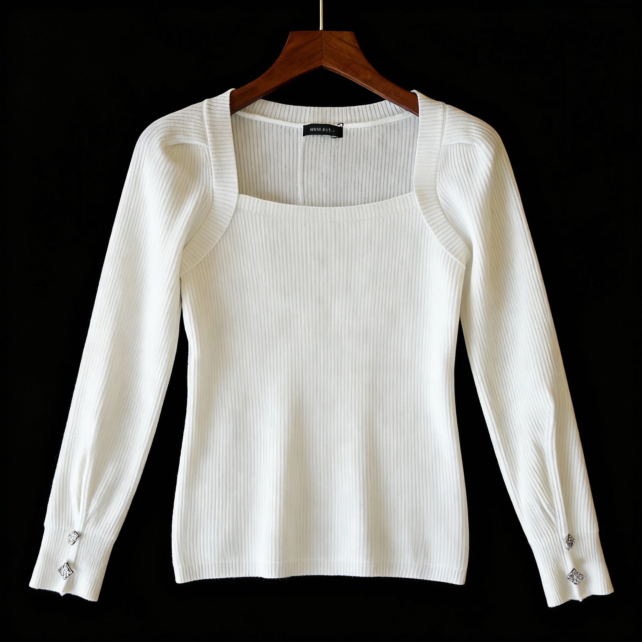 Elegant White Square-Neck Ribbed Knit Top with Crystal Cuff Buttons