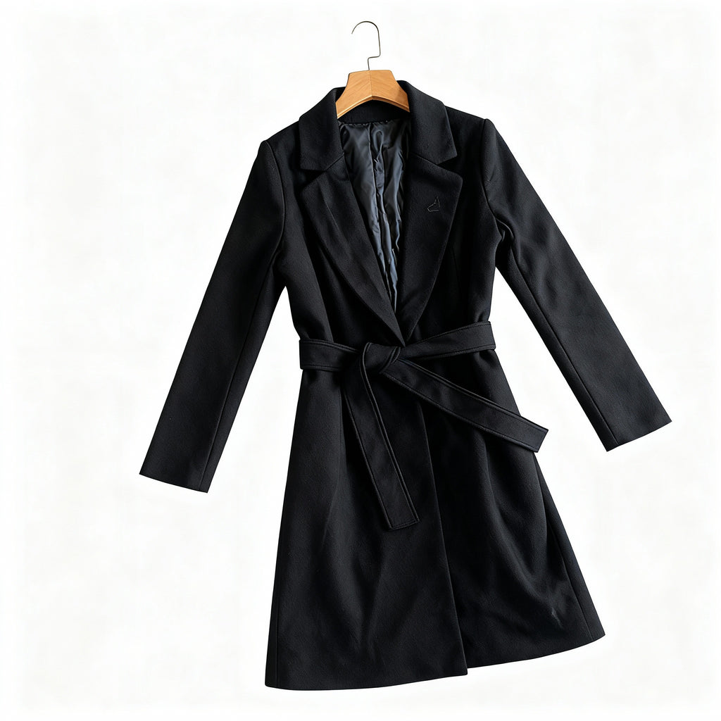 Elegant Black Belted Wool-Blend Coat with Shawl Lapel