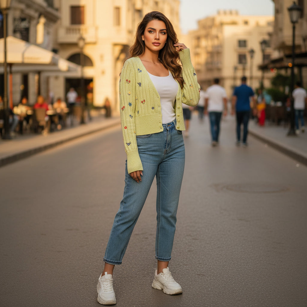 Light Yellow Floral Embroidered Knit Cardigan – Soft Lightweight Spring Layer