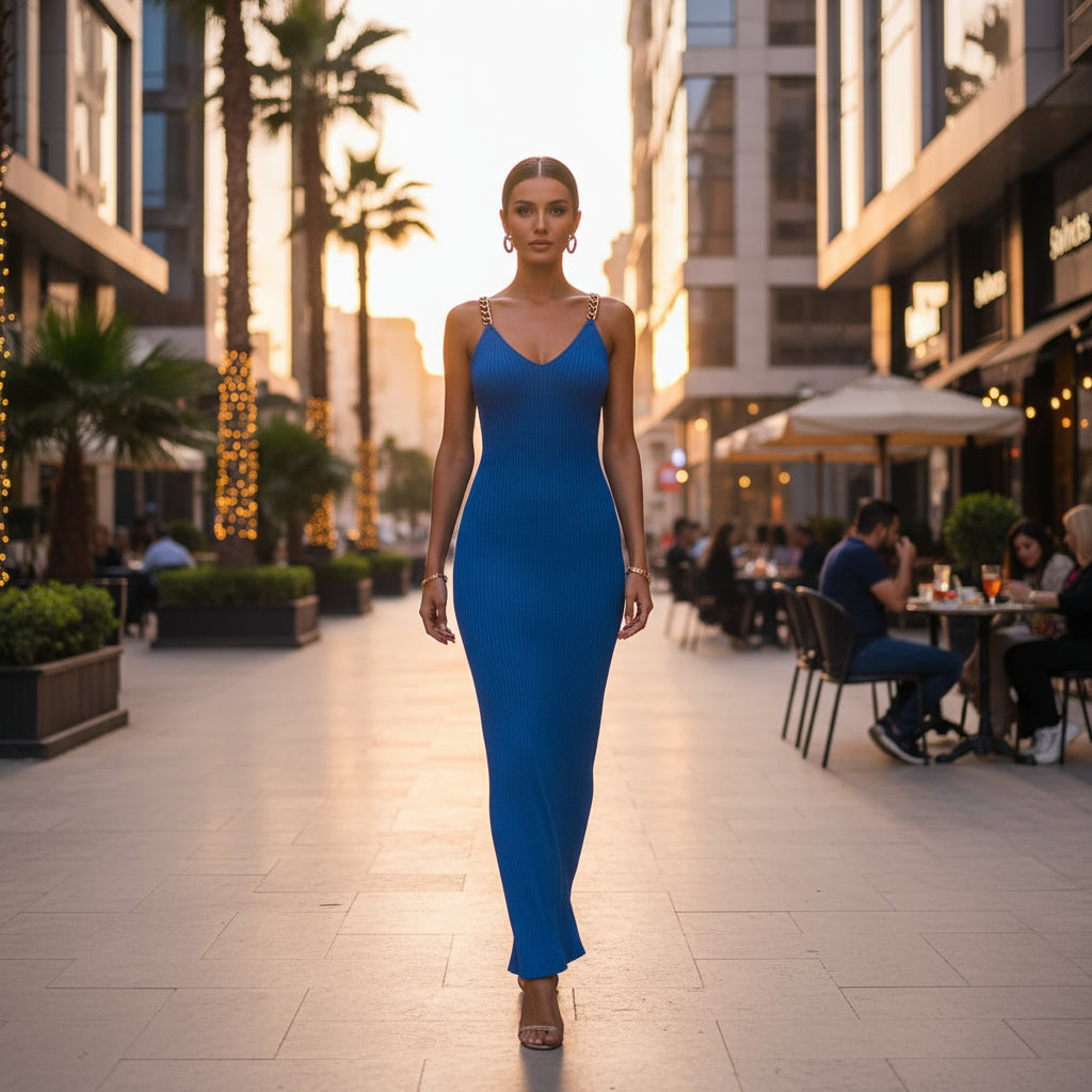Royal Blue Maxi Ribbed Dress with Gold Chain Straps