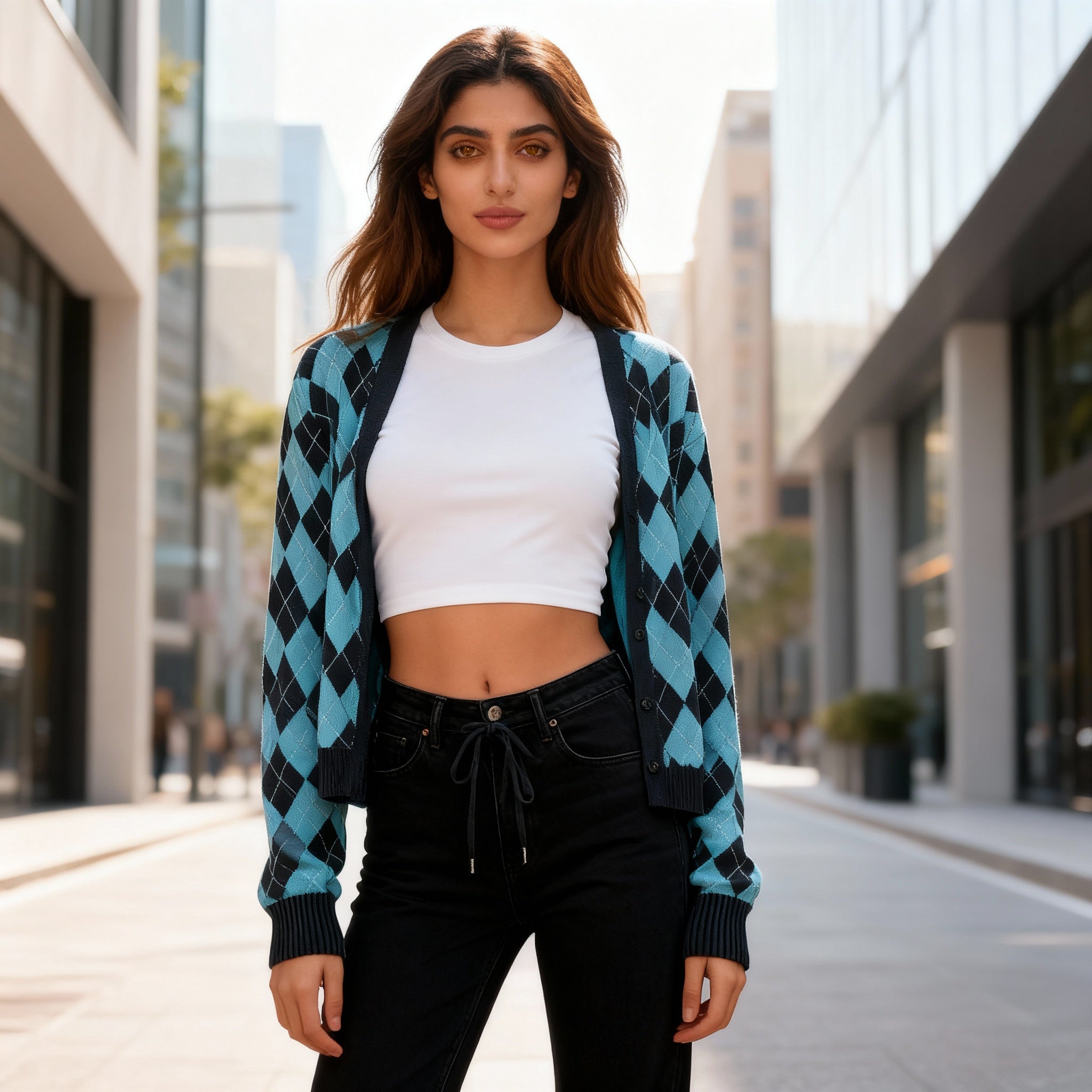Blue & Black Argyle Cropped Cardigan with Long Sleeves