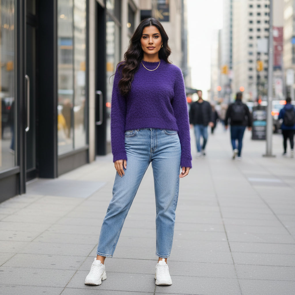 Plush Deep Purple Fuzzy Knit Sweater with Cozy High-Neck Design