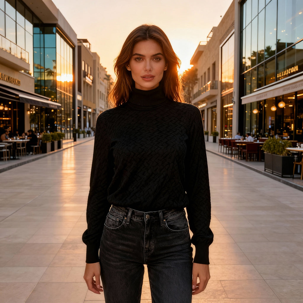 Black Ribbed High-Neck Knit Top – Slim Fit Long Sleeve