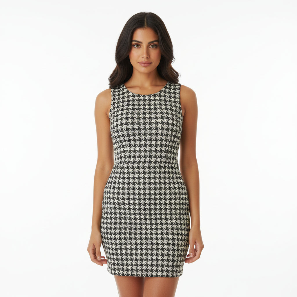 Classic Houndstooth Sleeveless Bodycon Dress