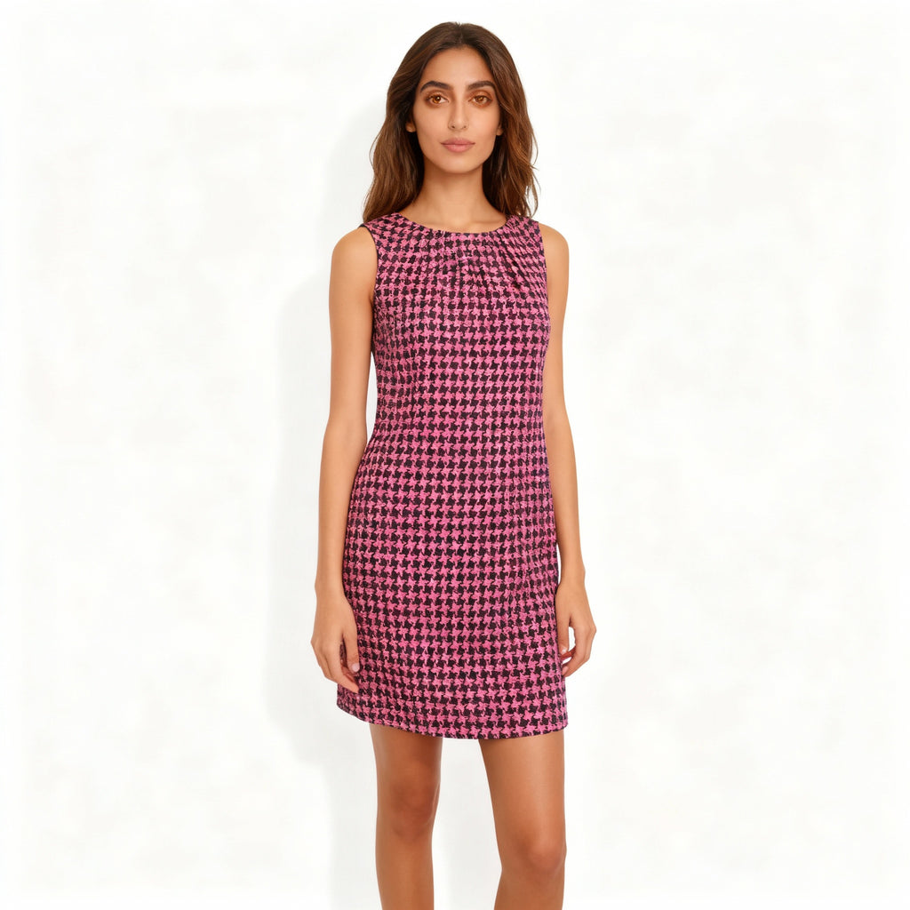 Pink Houndstooth Sleeveless Shift Dress