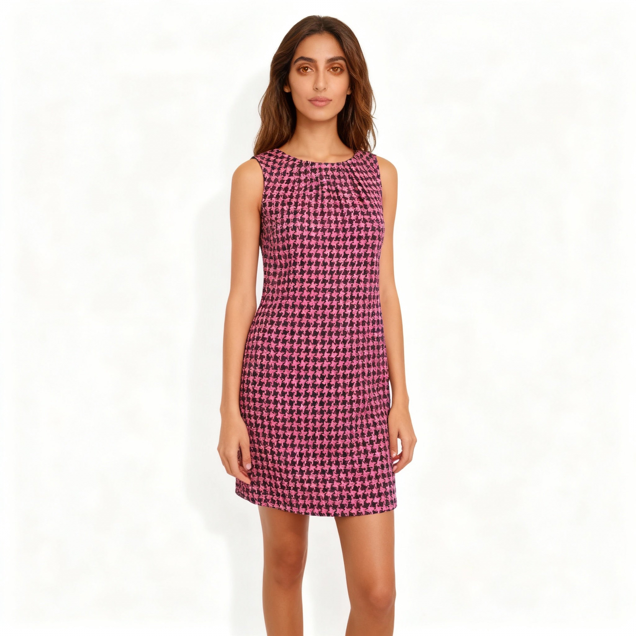 Pink Houndstooth Sleeveless Shift Dress