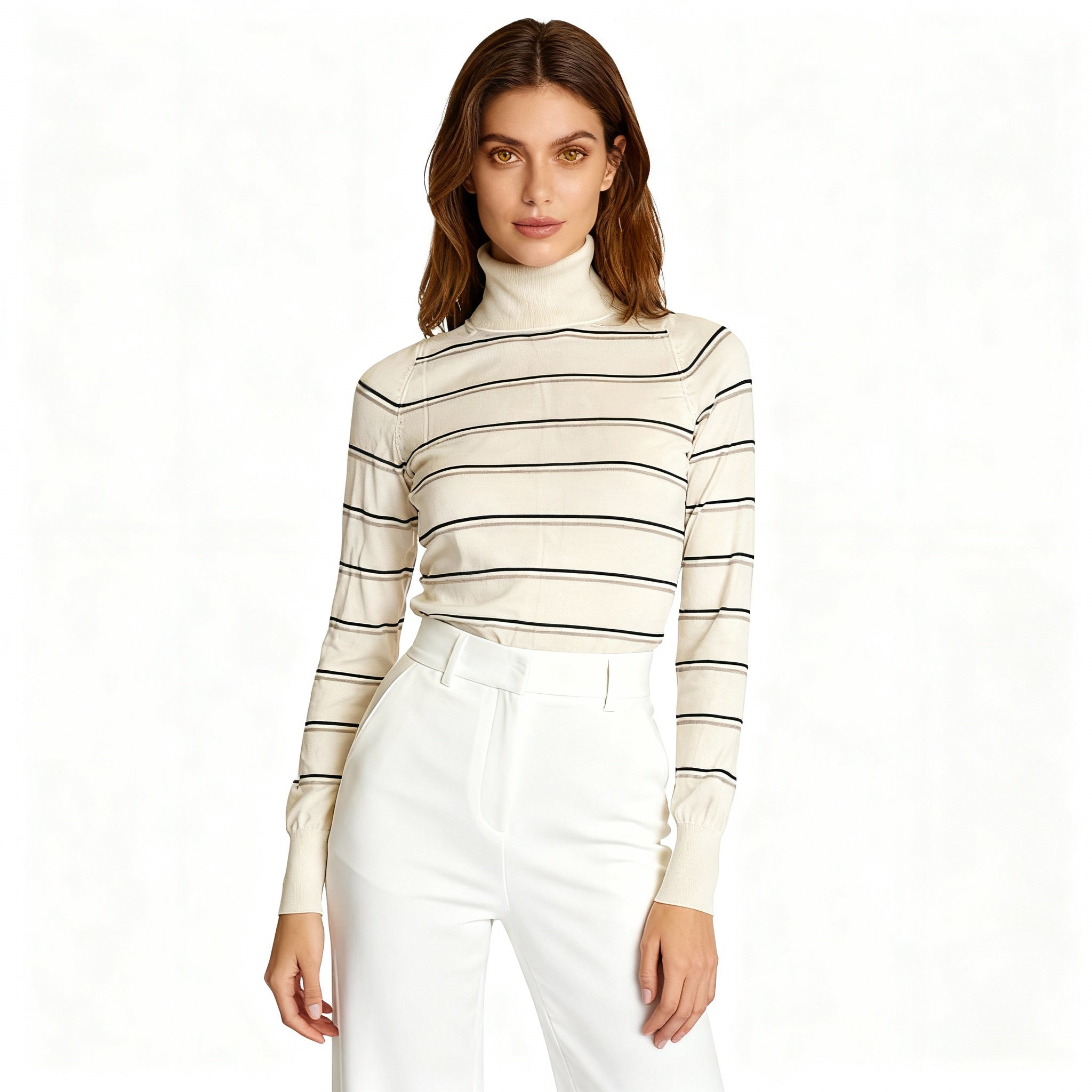 Striped Turtleneck Knit Top – Cream & Black