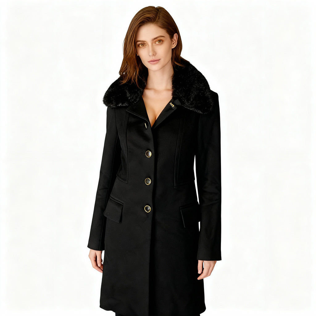 Black Winter Coat with Faux Fur Collar and Gold Button Detailing