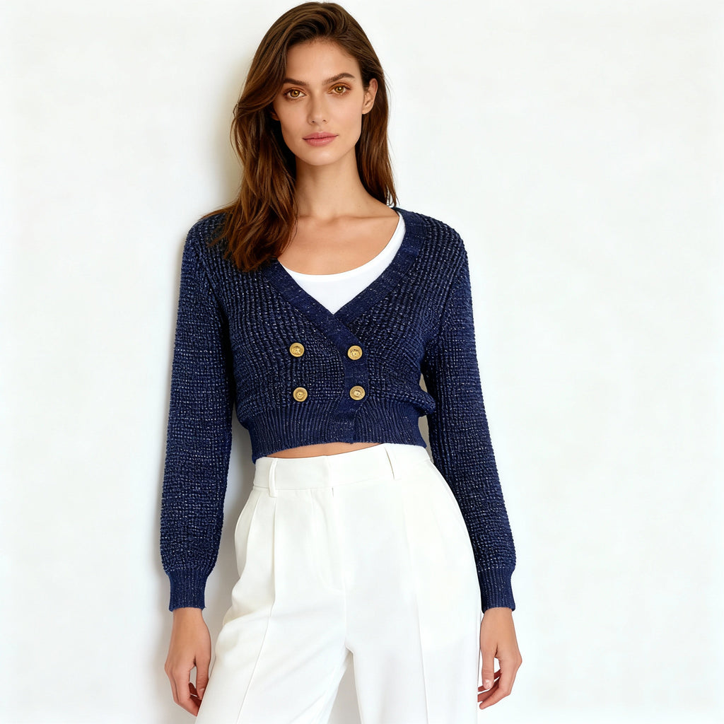 Navy Blue Textured Knit Cropped Cardigan with Gold Double Buttons