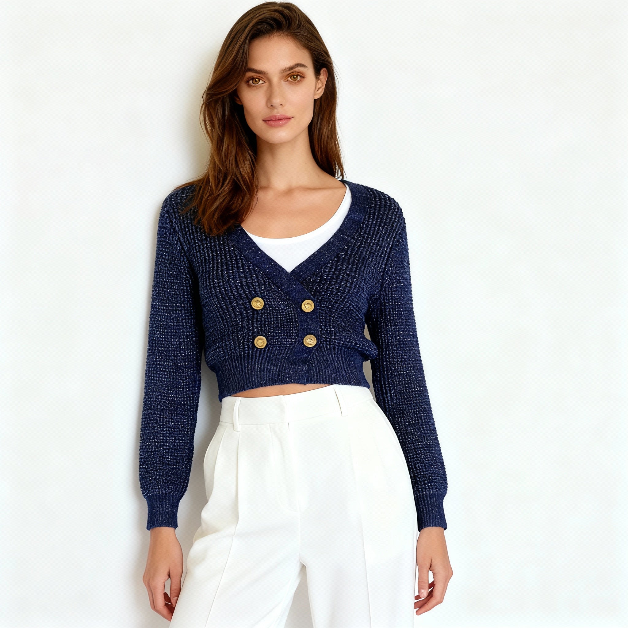 Navy Blue Textured Knit Cropped Cardigan with Gold Double Buttons