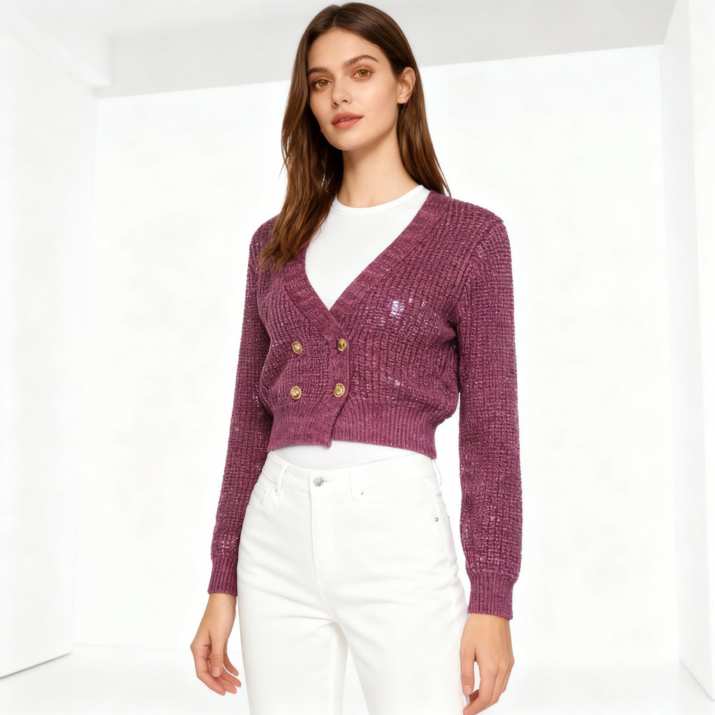 Cropped Double-Breasted Shimmer Knit Cardigan – Plum Purple