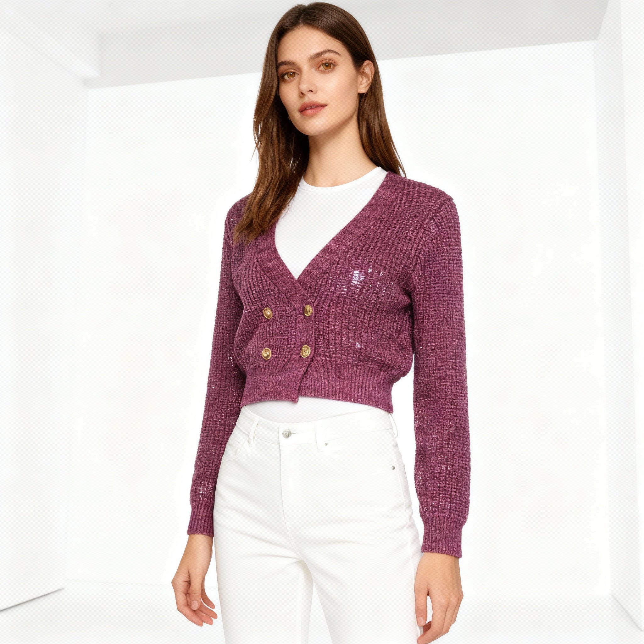 Cropped Double-Breasted Shimmer Knit Cardigan – Plum Purple