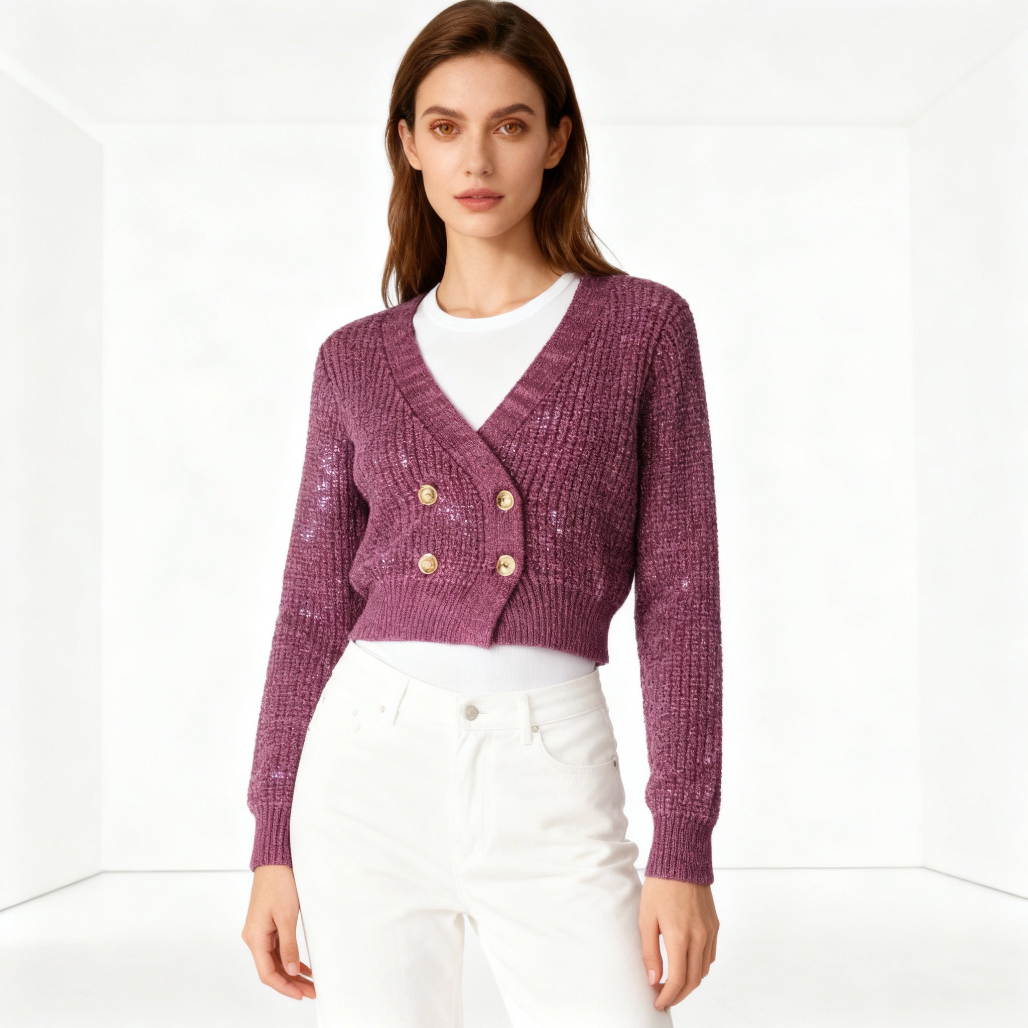 Cropped Double-Breasted Shimmer Knit Cardigan – Plum Purple
