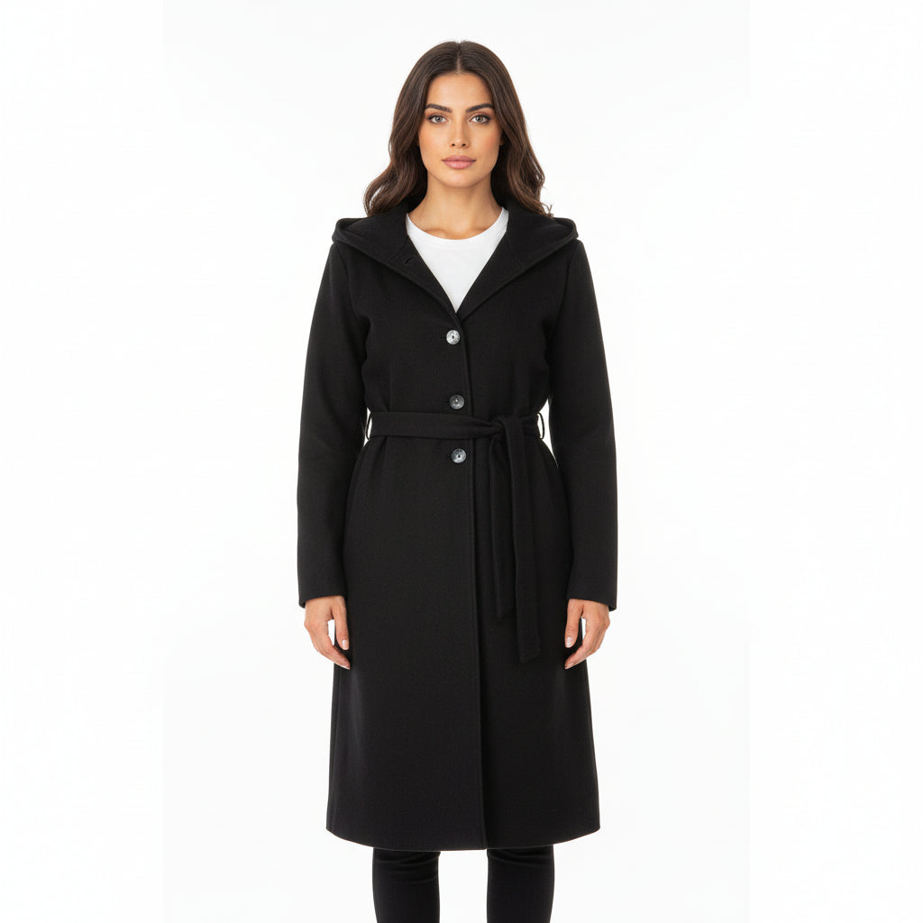 Black Hooded Wool-Blend Belted Coat