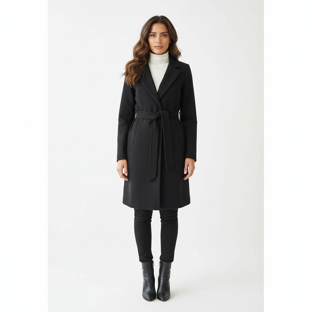 Elegant Black Belted Wool-Blend Coat with Shawl Lapel
