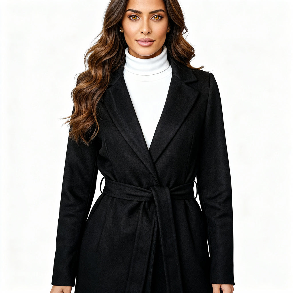 Elegant Black Belted Wool-Blend Coat with Shawl Lapel