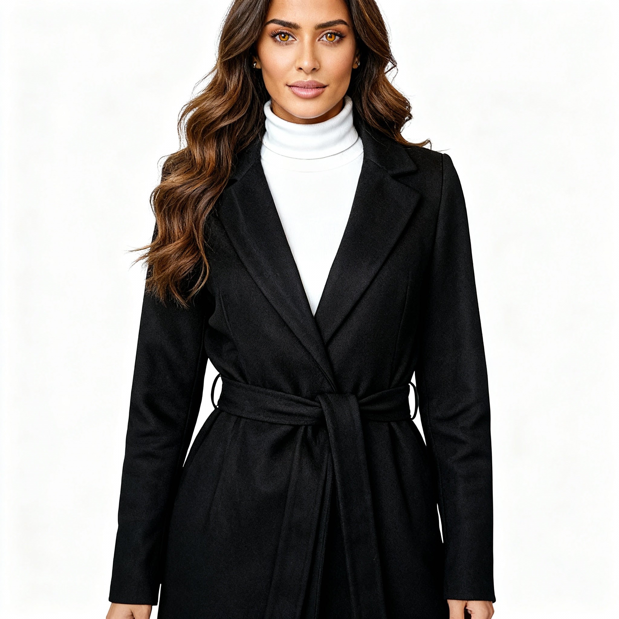 Elegant Black Belted Wool-Blend Coat with Shawl Lapel