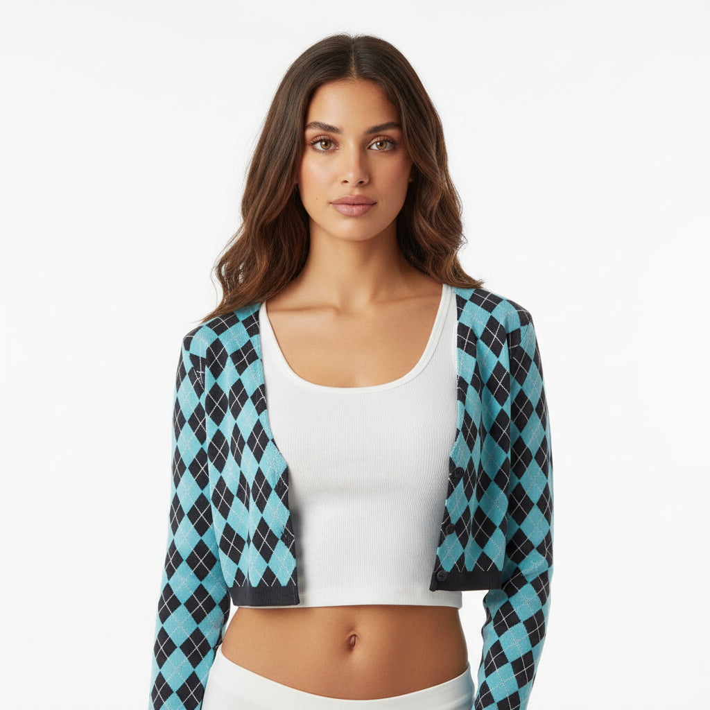 Blue & Black Argyle Cropped Cardigan with Long Sleeves