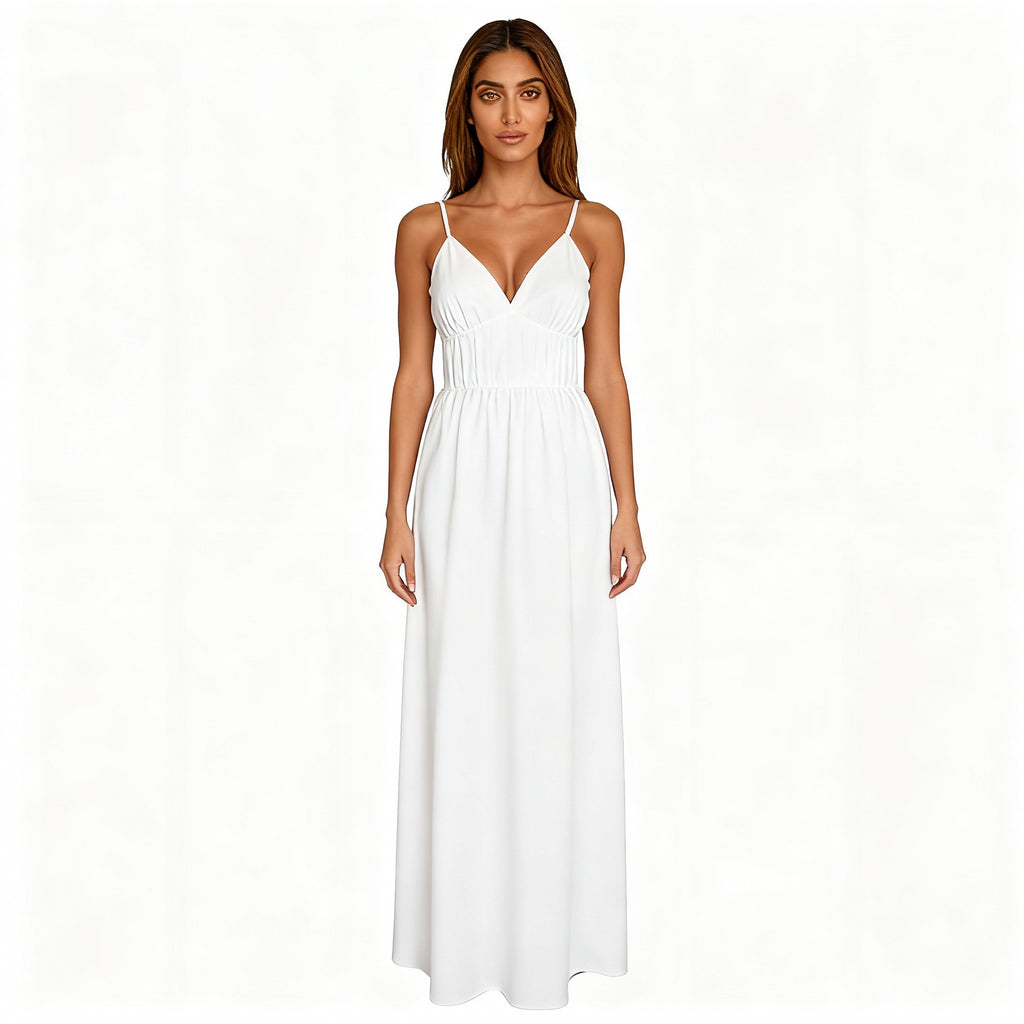 Elegant White V-Neck Maxi Dress