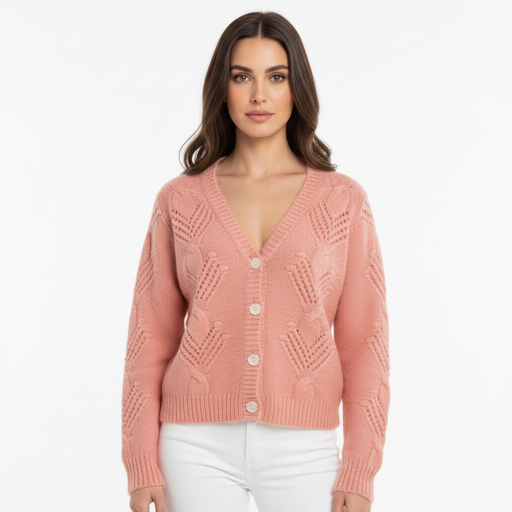 Soft Peach-Rose Knitted Cardigan with Textured Leaf Pattern