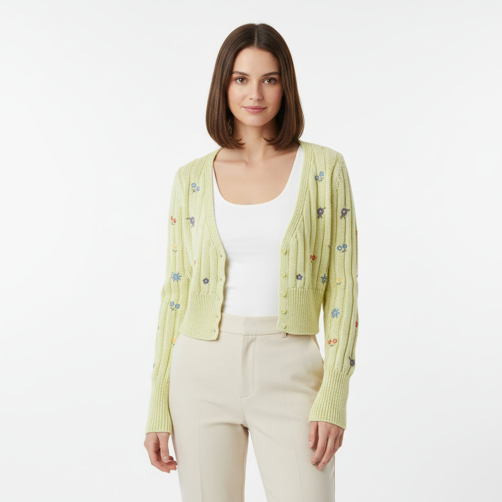 Light Yellow Floral Embroidered Knit Cardigan – Soft Lightweight Spring Layer