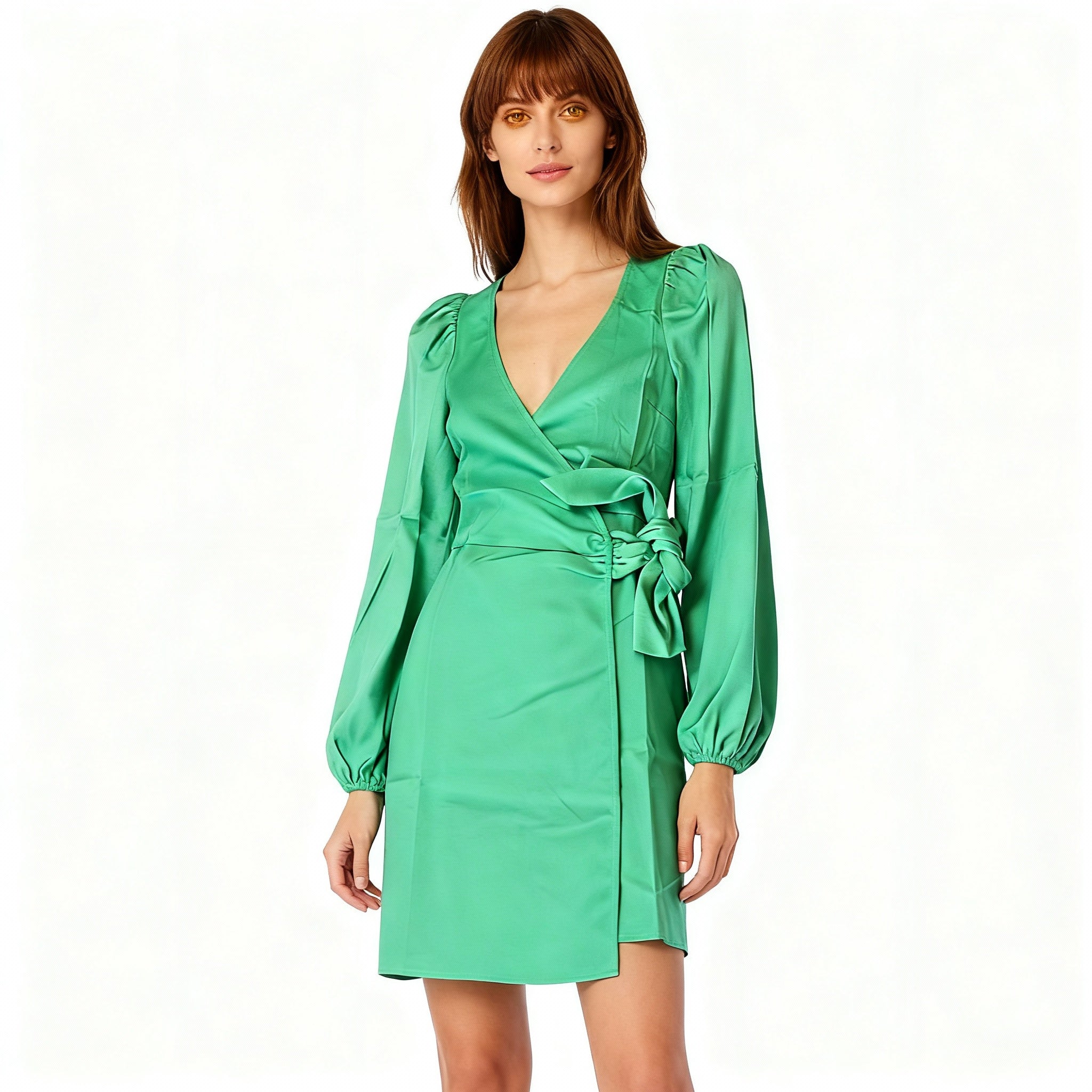 Elegant Emerald Wrap Satin Dress with Long Sleeves