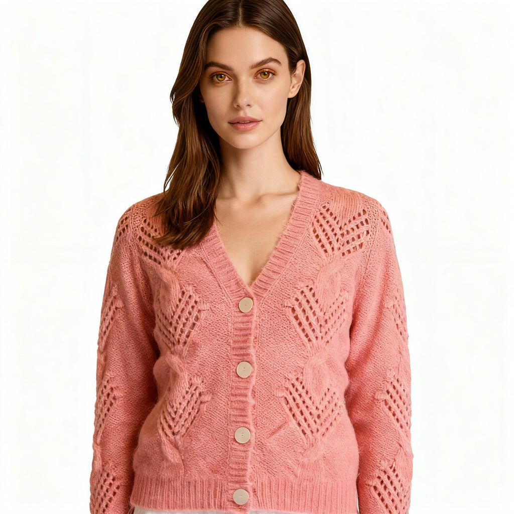 Soft Coral Pink Knitted Cardigan with Button-Down Front and Openwork Pattern
