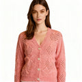 Soft Coral Pink Knitted Cardigan with Button-Down Front and Openwork Pattern