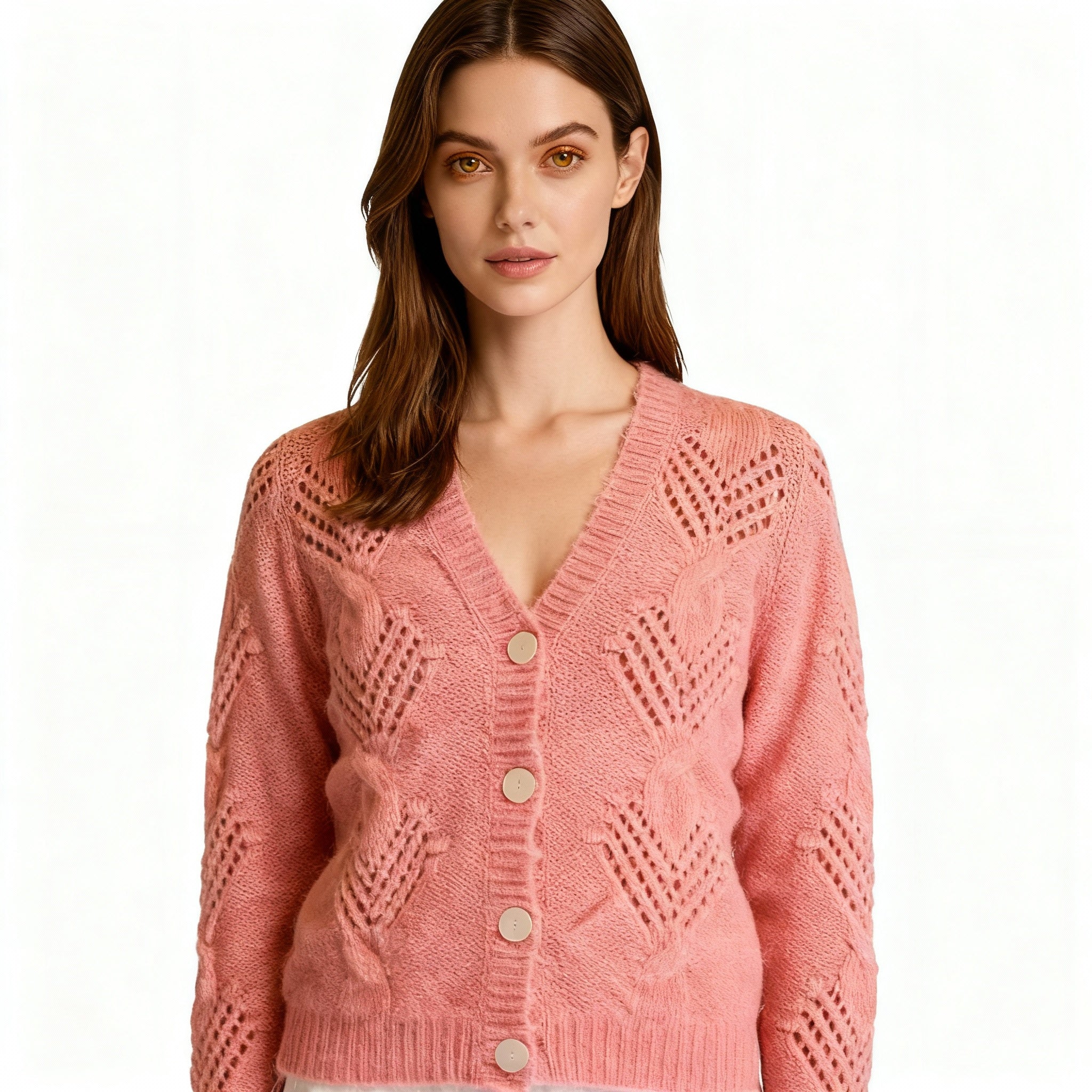 Soft Coral Pink Knitted Cardigan with Button-Down Front and Openwork Pattern