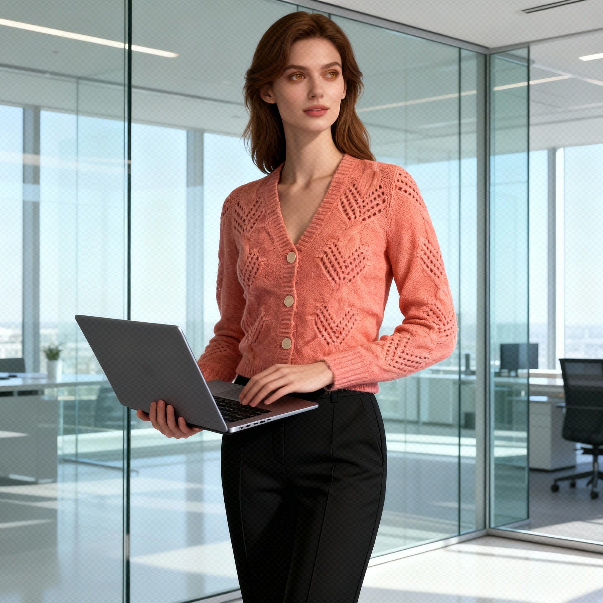 Soft Coral Pink Knitted Cardigan with Button-Down Front and Openwork Pattern